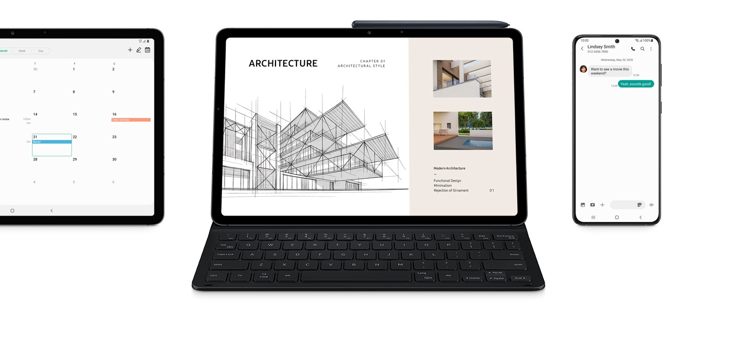 Galaxy Tab S7, Galaxy Tab S7 in Book Cover Keyboard Slim, and a Galaxy phone. A calender is seen onscreen of the Tab S7 with an event titled Movie! The Tab S7 inside the cover has an architecture presentation onscreen. The S Pen is magnetically attached to the tablet. The Galaxy smartphone shows a message from Lindsey Smith: Want to see a movie this weekend? And the reply: Yeah, sounds good!