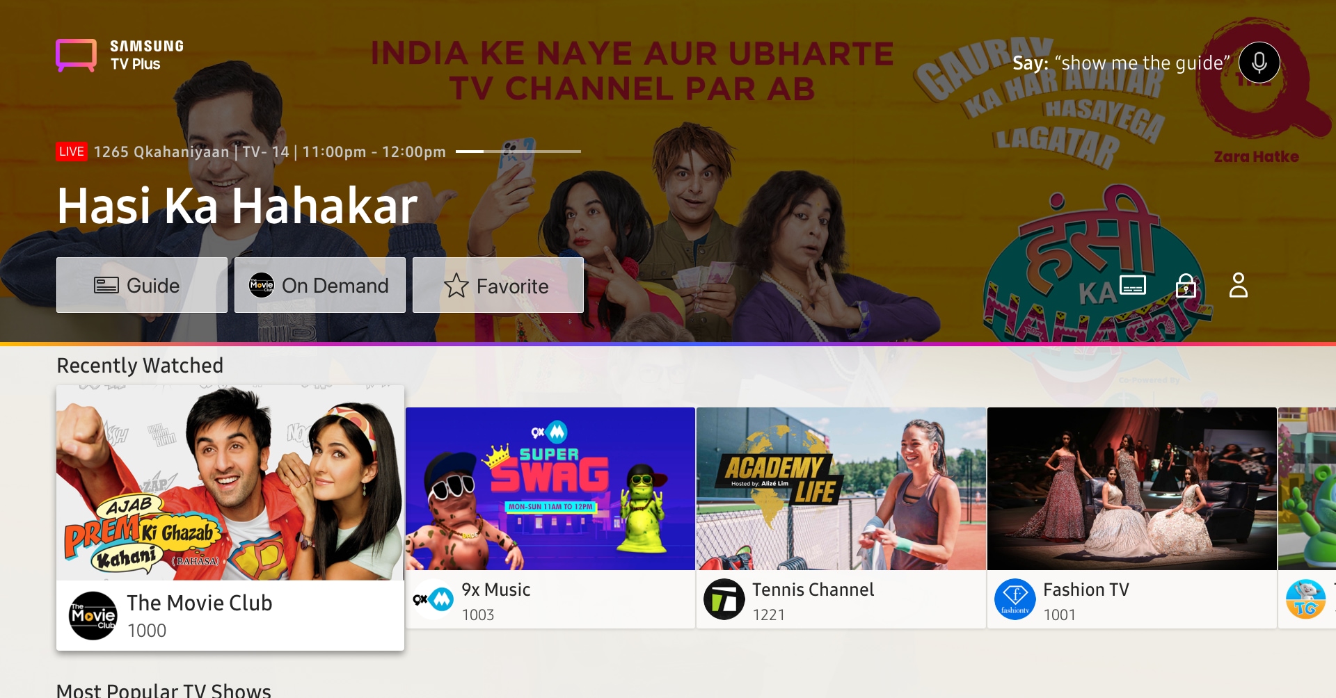 Samsung TV Plus user interface image shows various images of popular content.