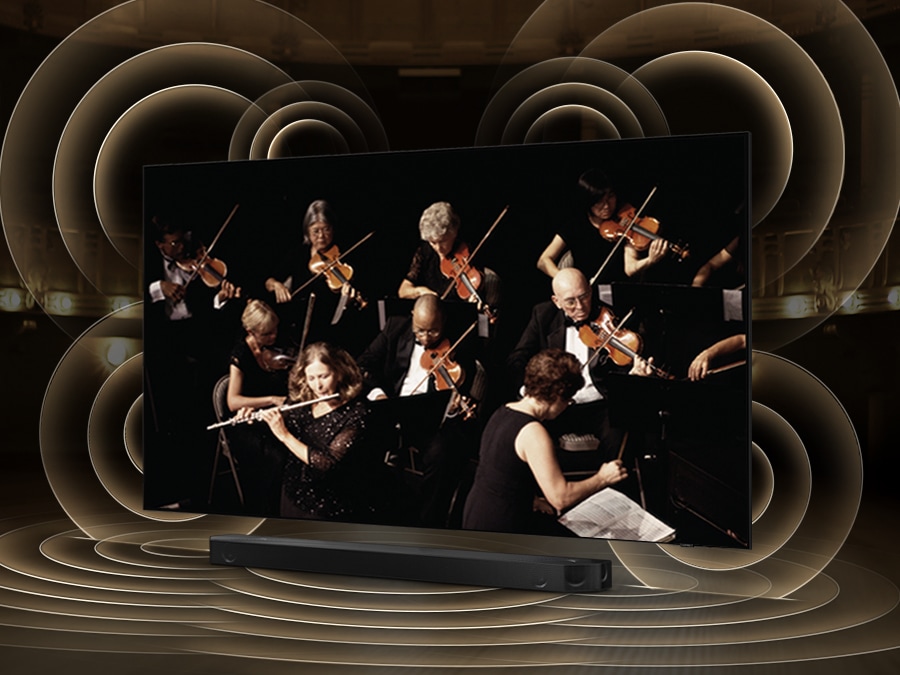 simulated sound wave graphics from tv and soundbar demonstrate q symphony technology as they play sound together.