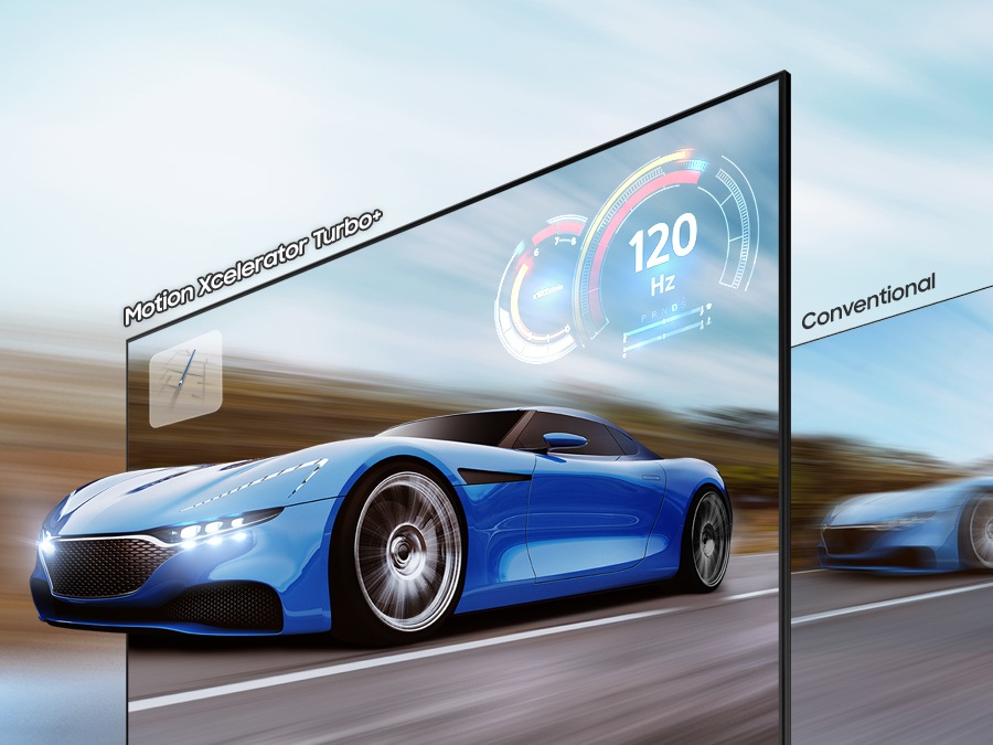 A racing car on the TV screen looks clearer and more visible on the QLED TV than on conventional TV due to motion xcelerator turbo+ technology up to 4K 120Hz.