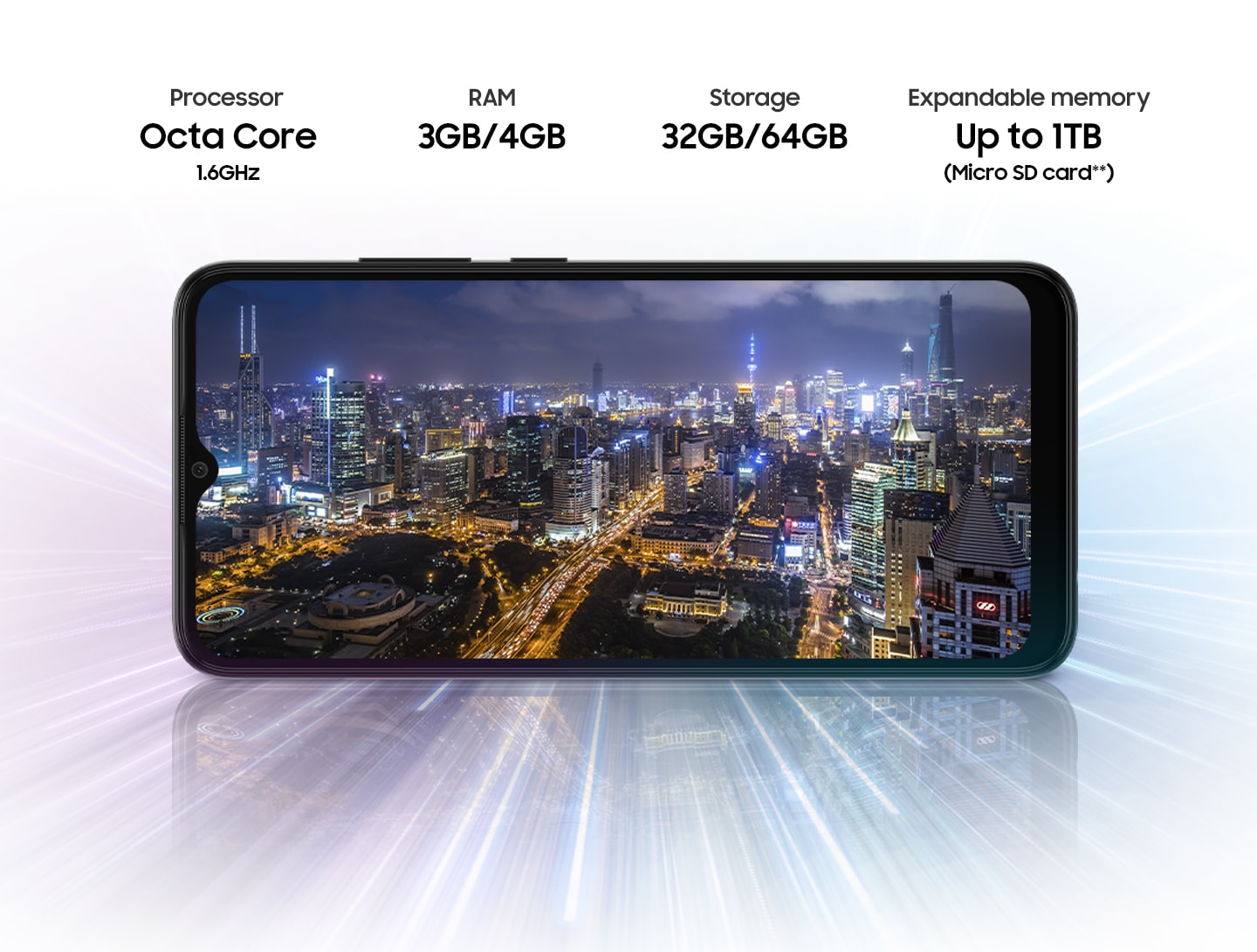 Galaxy A03 shows night city view, indicating device offers Octa-core processor, 3GB/4GB RAM, 32GB/64GB/128GB with up to 1TB-storage.