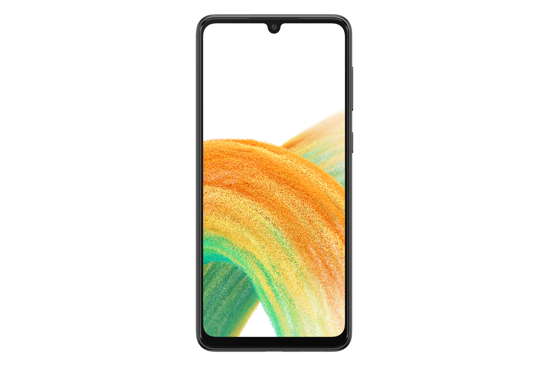 Galaxy A33 5G in Awesome Black seen from the front with a colorful wallpaper onscreen. It spins slowly, showing the display, then the smooth rounded side of the phone with the SIM tray, then the matte finish and the minimal camera housing on the rear and comes to a stop at the front view again.