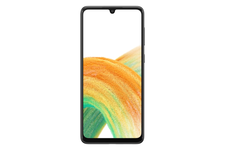 Galaxy A33 5G in Awesome Black seen from the front with a colorful wallpaper onscreen. It spins slowly, showing the display, then the smooth rounded side of the phone with the SIM tray, then the matte finish and the minimal camera housing on the rear and comes to a stop at the front view again.