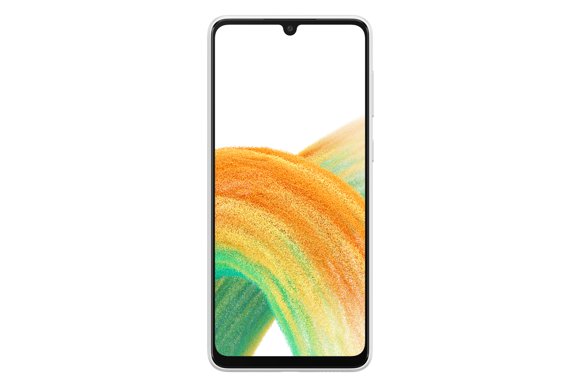 Galaxy A33 5G in Awesome White seen from the front with a colorful wallpaper onscreen. It spins slowly, showing the display, then the smooth rounded side of the phone with the SIM tray, then the matte finish and the minimal camera housing on the rear and comes to a stop at the front view again.