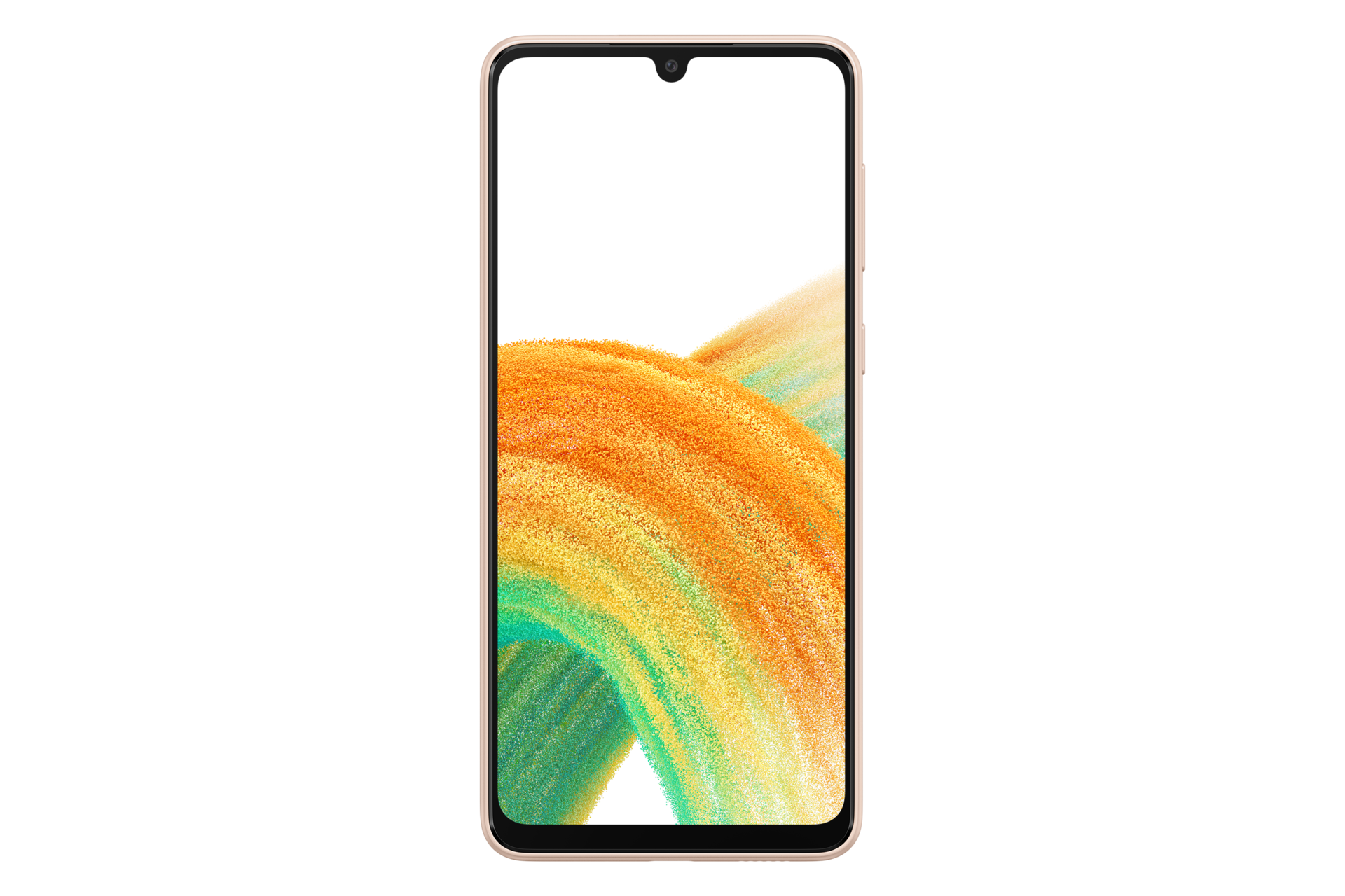 Galaxy A33 5G in Awesome Peach seen from the front with a colorful wallpaper onscreen. It spins slowly, showing the display, then the smooth rounded side of the phone with the SIM tray, then the matte finish and the minimal camera housing on the rear and comes to a stop at the front view again.