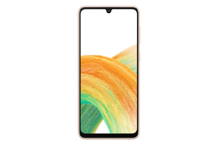 Galaxy A33 5G in Awesome Peach seen from the front with a colorful wallpaper onscreen. It spins slowly, showing the display, then the smooth rounded side of the phone with the SIM tray, then the matte finish and the minimal camera housing on the rear and comes to a stop at the front view again.