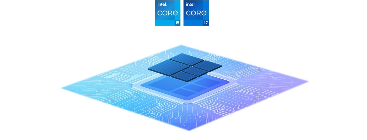 A blue-colored processor chipset hovers above a blue square with glowing lines to represent circuits that surround where the chipset goes. Above the chipset are three certification logos: From left to right, Intel® Core™ i3, i5, and i7 processors.