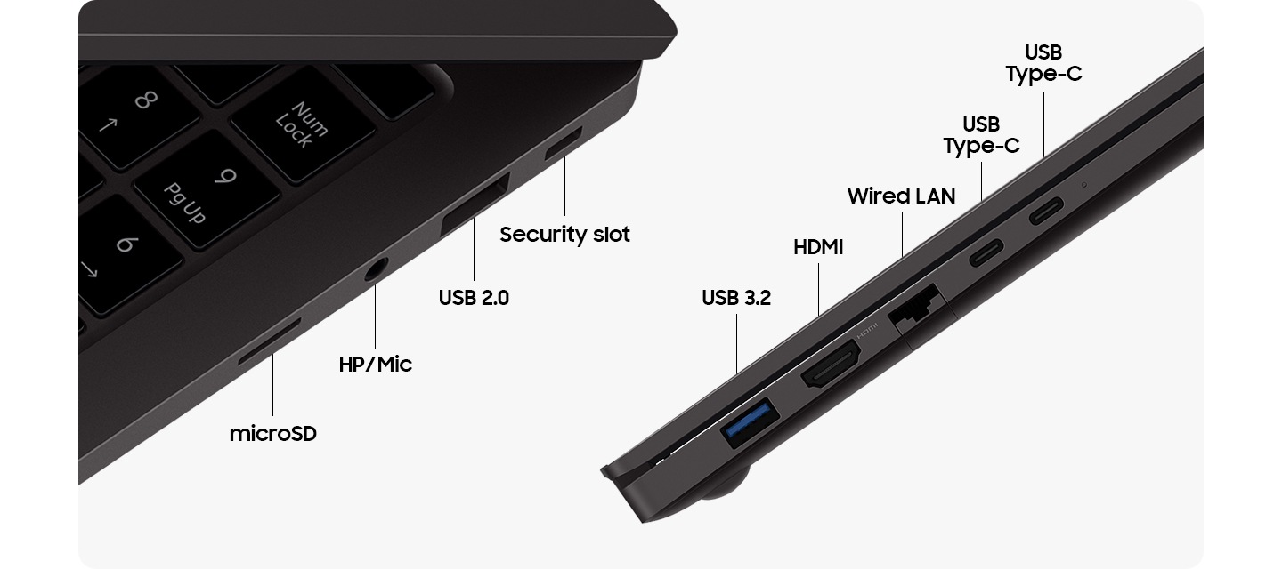 Two graphite-colored Galaxy Book2 devices are next to each other on their sides to indicate their various ports. The one on the left is slightly open and displays the right side of Galaxy Book2 which has 4 ports. From top to bottom, there is a security slot, a USB 2.0, HP/Mic, and a microSD. On the right, the other side also has 5 ports. From top to bottom, there are two USB Type-C ports, a Wired LAN port, a HDMI port, and a USB 3.2 port.