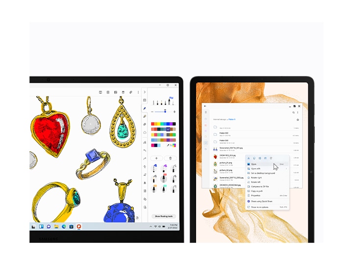 Galaxy Book2 and Galaxy Tab S8 are next to each other. There are sketches of various jewelries on the PC using Samsung Notes app. On the tablet to its right, a list of image files is in a folder. A mouse cursor is on the Open button.