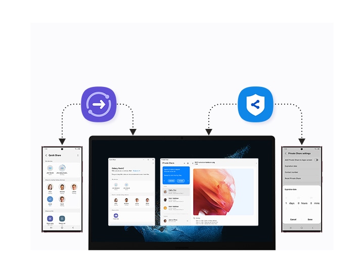 A Galaxy Book2 is placed between two Galaxy S22 Ultra devices. A logo of Quick Share and Private Share are above them. On the left side of the PC screen, there is a Quick Share window with a list of users and detected devices. A red wavy lookbook cover is on the right side of the screen. A Galaxy S22 Ultra on the left, files can be transferred to PC via Quick Share, and vice versa. The other Galaxy S22 Ultra on the right, files can be safely transferred between the PC and the smartphone through Private Share.