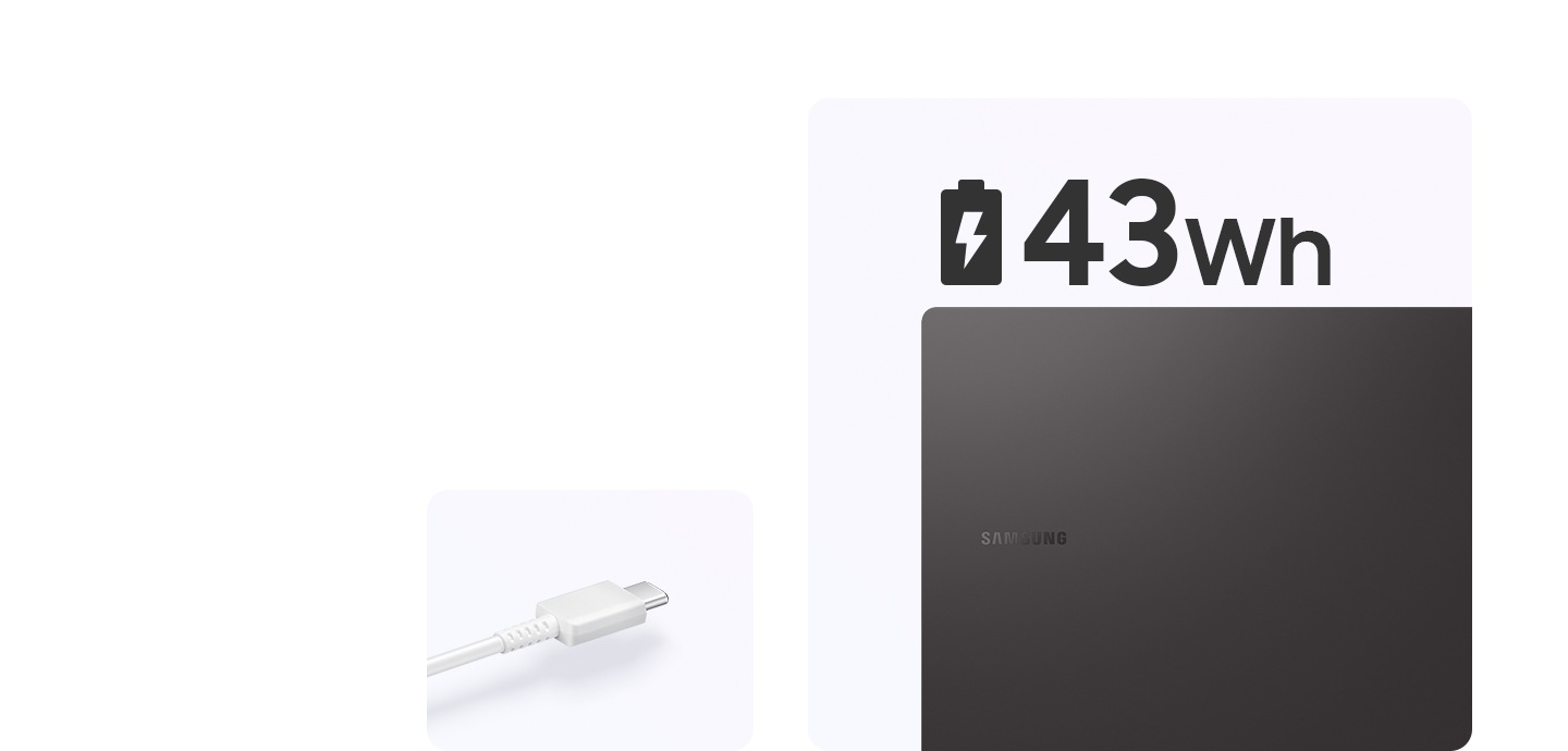 A white USB Type-C cable is on the left and the top cover of a graphite-colored Galaxy Book2 is on the right with the Samsung logo facing the front. Above the PC is a battery charging symbol next to the text 43Wh.