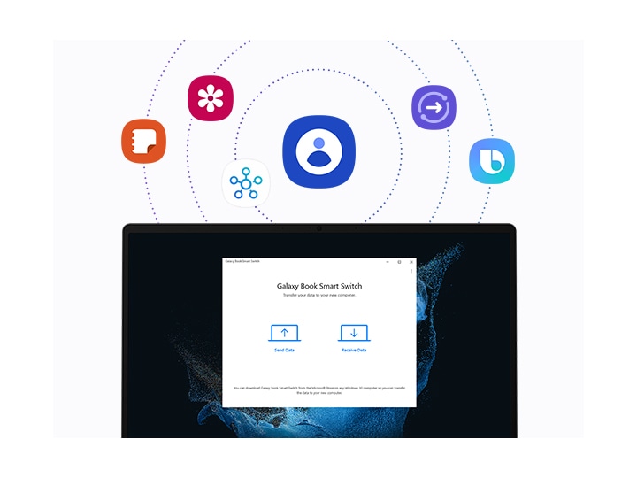 Galaxy Book Smart Switch is running on a Galaxy Book2. There are two icons of a PC on the screen, each with an upward and downward arrow with the texts, Send Data and Receive Data. Above the Smart Switch screen are several Galaxy app icons such as Contacts, Samsung Notes, Samsung Gallery, SmartThings, Quick Share, and Bixby that users can access all at once through Single Sign-On.