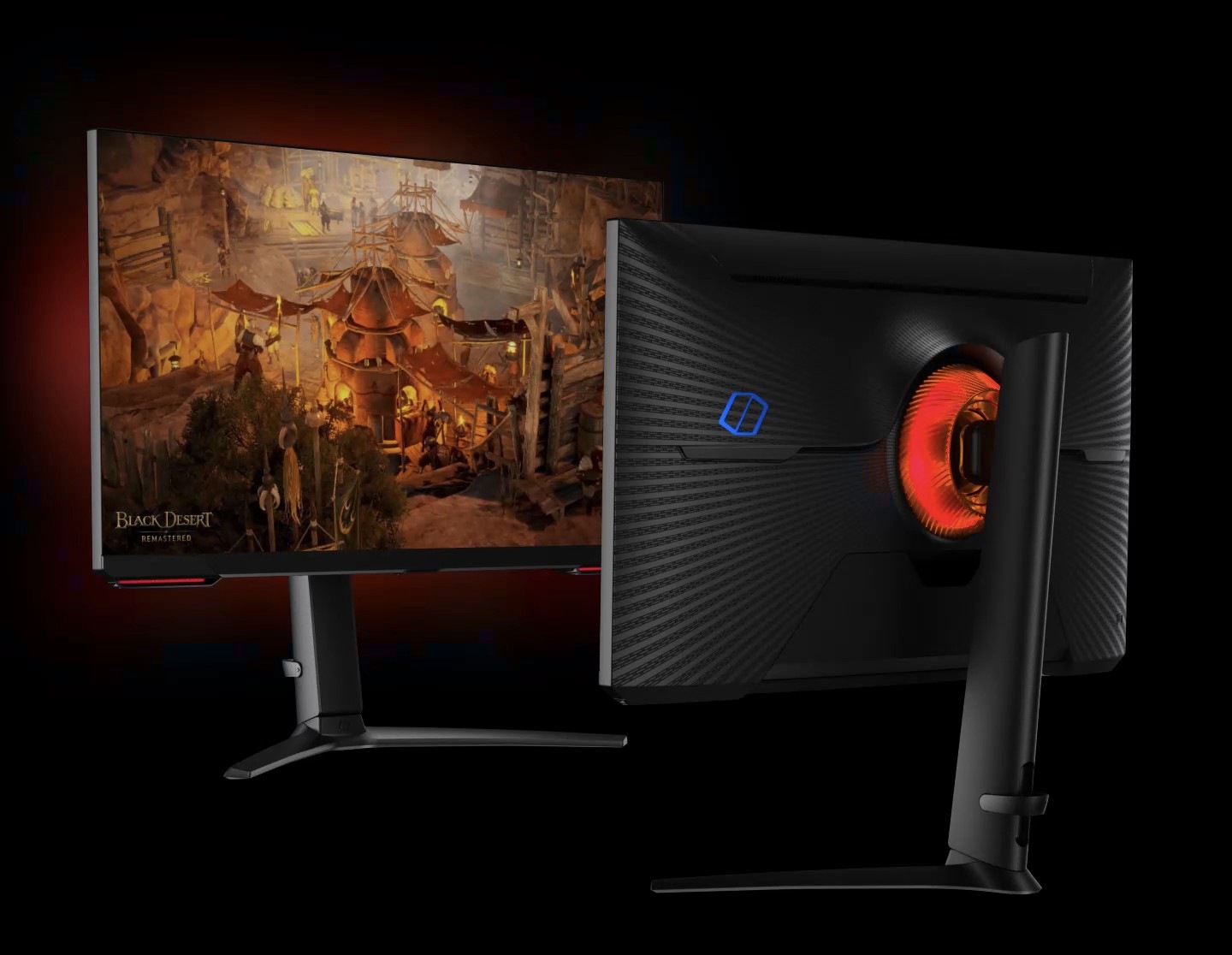 The left monitor with screen showing 3 different game scenes in different colors and tones - first blue, second red and then yellow. According to the games scenes' colors, right monitor's lighting in the back changes its color mimicking the colors found within the game.