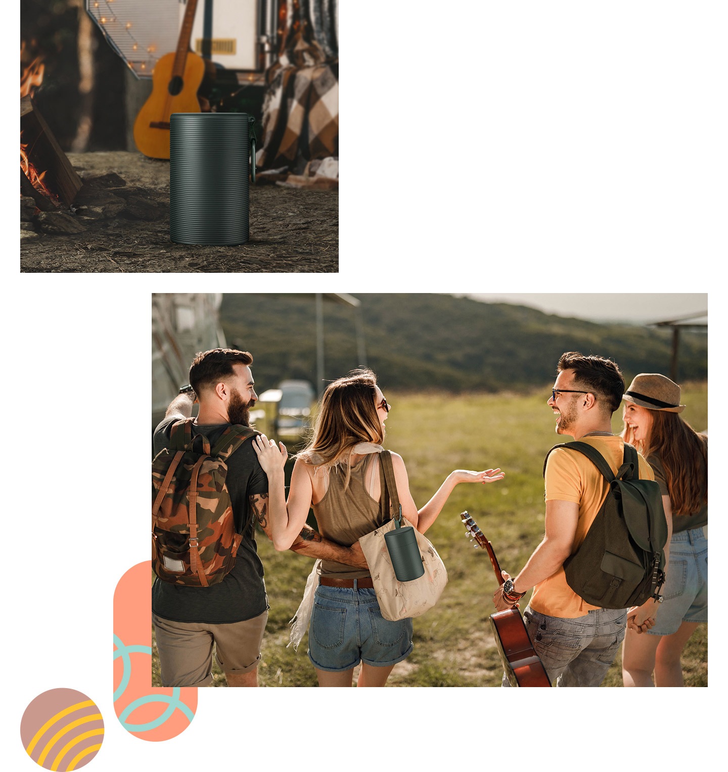 First, the Freestyle case is placed on the ground. Second, 4 people are at a wide outdoor area in casual clothing chatting with eachother. The Freestyle Case is hanging on the woman's bag.