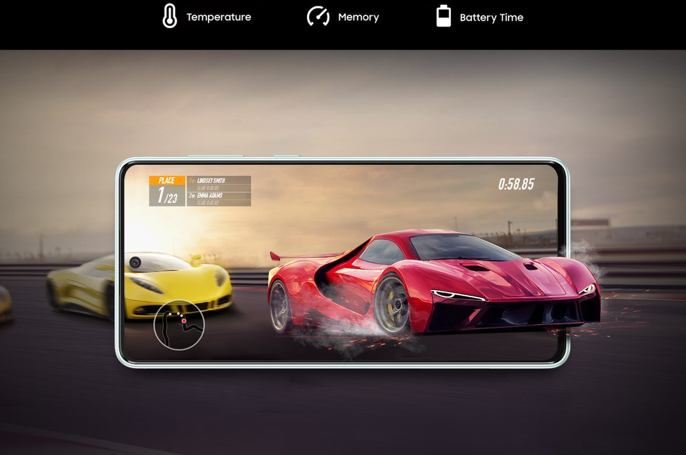 Galaxy A73 5G device in landscape mode, The background is a scene from a car racing game, showing a racetrack with a yellow car racing. On the screen is a racing red car, driving out of the boundaries of the screen. Above, text reads Temperature, Memory and Battery Time.