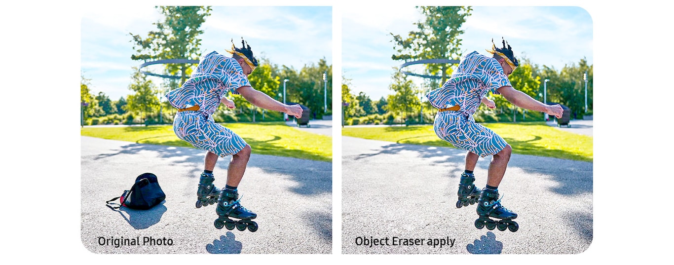 A man is rollerblading in a park on a bright, sunny day. On the original photo, a backpack is on the ground next to the man. On the Object Eraser-applied photo, the backpack and its shadow are cleanly erased.