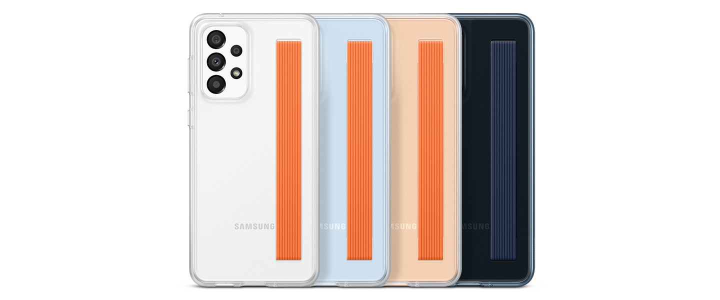 Four Galaxy A33 5G phones with the Slim Strap Covers installed. From left to right, there is a Transparent Cover on a white smartphone, a Transparent Cover on a blue smartphone, a Transparent Cover on a peach smartphone and a Black Tint Cover on a black smartphone.