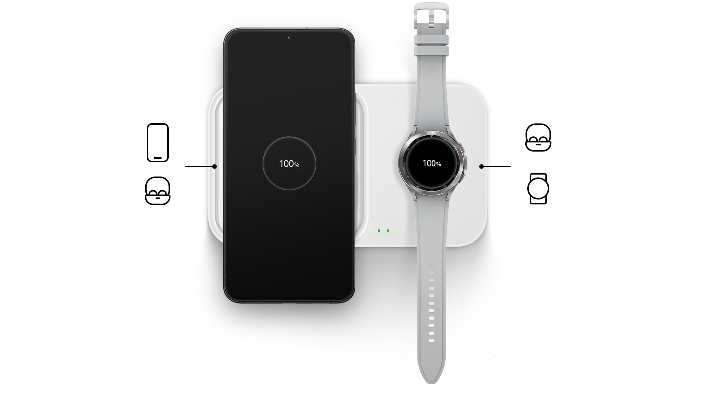 A black-colored galaxy s22+ with the text 100% onscreen and a gray galaxy watch4 with the text 100% on the screen are being charged side-by-side on a 15w wireless charger duo. Each side has 2 icons to indicate the compatibility: smartphone and galaxy buds on the left, and galaxy watch and galaxy buds on the right.