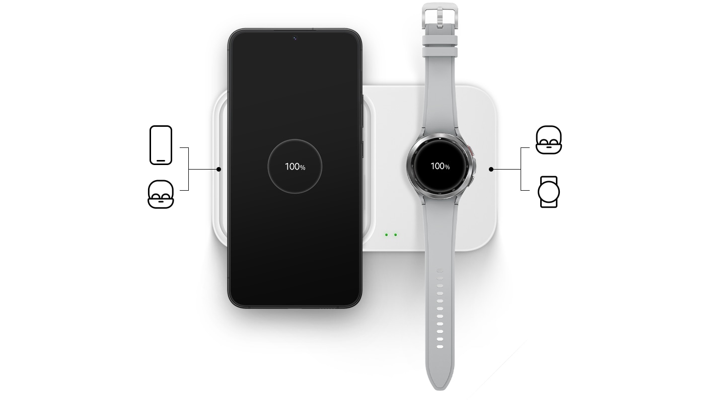 A black-colored Galaxy S22+ with the text 100% onscreen and a gray Galaxy Watch4 with the text 100% on the screen are being charged side-by-side on a 15W Wireless Charger Duo. Each side has 2 icons to indicate the compatibility: Smartphone and Galaxy Buds on the left, and Galaxy Watch and Galaxy Buds on the right.