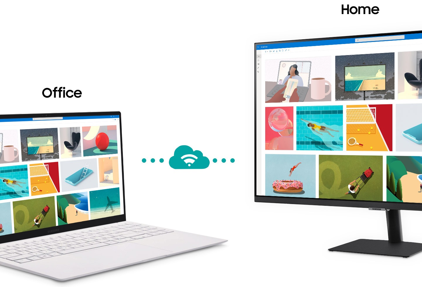 A monitor sits next to a laptop. Above the monitor, the word †Home' appears. Above the laptop the word †Office' appears. The laptop makes a connection with the monitor represented by a cloud icon. After connecting, the content shown on the laptop screen is mirrored on to the monitor screen.