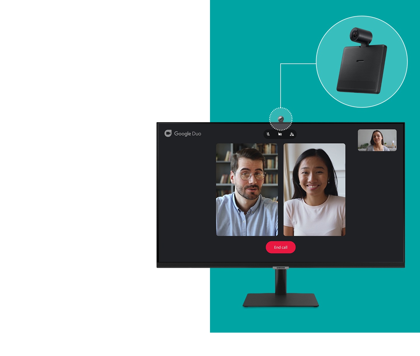 The monitor now has a circular camera attached to its top. On the screen shows the interface of the Google Duo chat application with three other users participating in a video call.