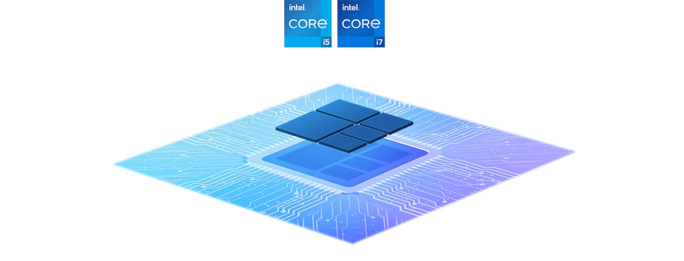 There is a Galaxy Book2 facing the front. Onscreen is a screen of Adobe Photoshop 2022 software with blue waves and bubbles. Above are three certification logos: From left to right, Intel® Core™ i5, i7 processors, and Intel® Arc™ Graphics.