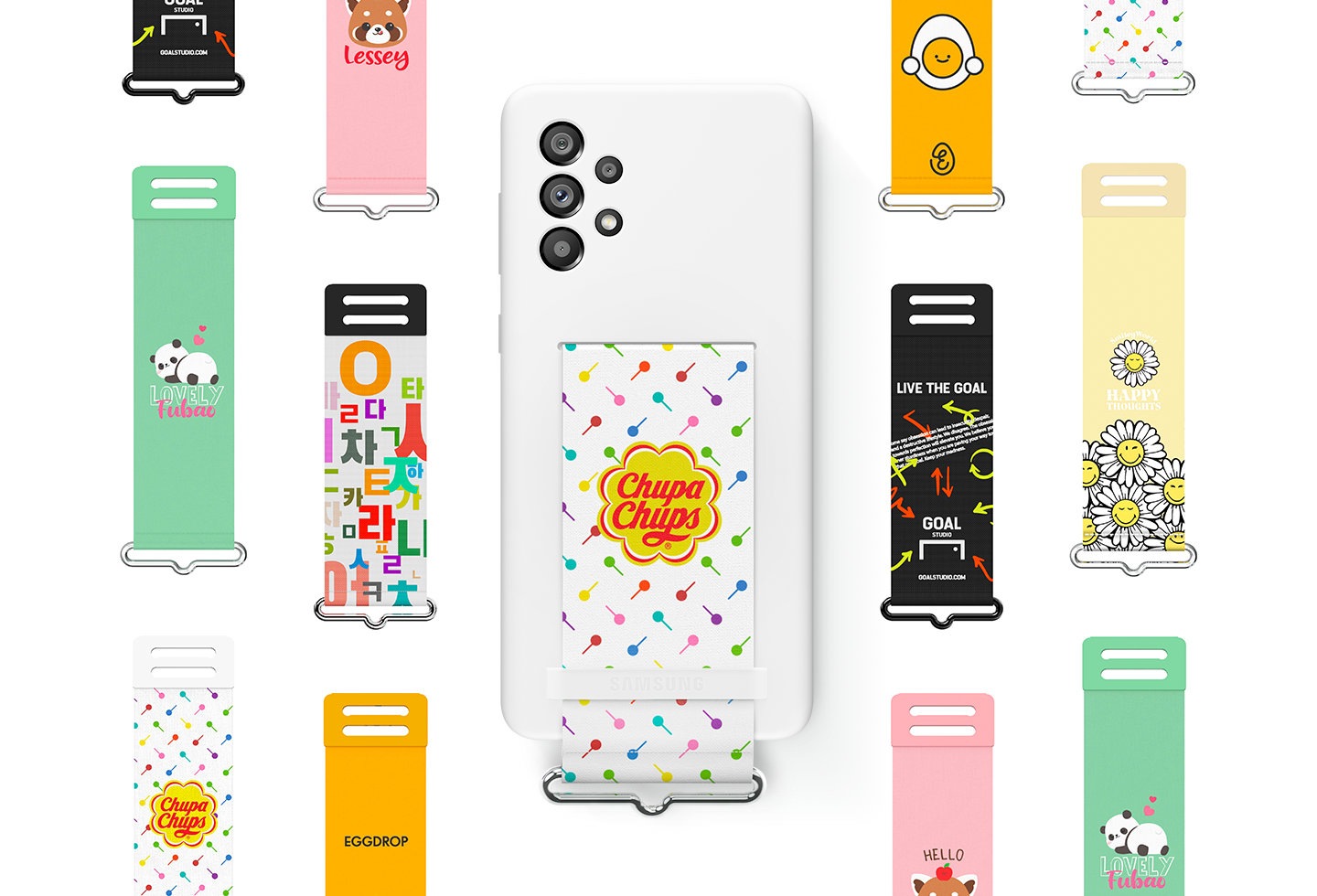 At the center, a Galaxy A73 5G wearing a white Silicone Cover with a colorful, customized Chupa Chups collaboration strap. Surrounding the device are various other colorful straps that have collaborated with various brands.