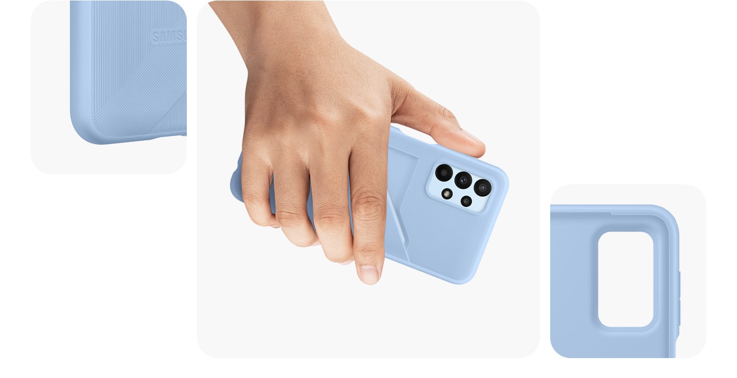 A detailed zoom-in of the Card Slot Cover in Arctic Blue is shown. A hand is comfortably holding a Galaxy device wearing an Arctic Blue Card Slot Cover.