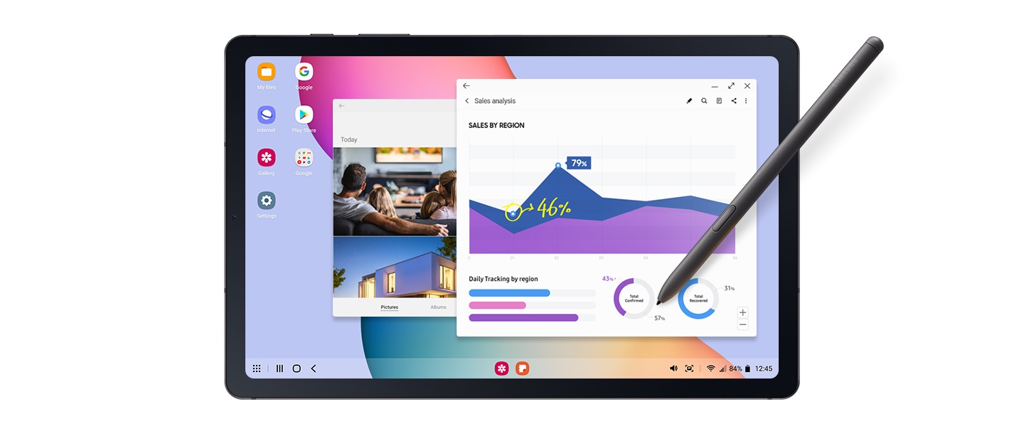 Ekranında Galaxy S Pen ile düzenlenen çeşitli görsellerin bulunduğu Galaxy Tab S6 Lite.