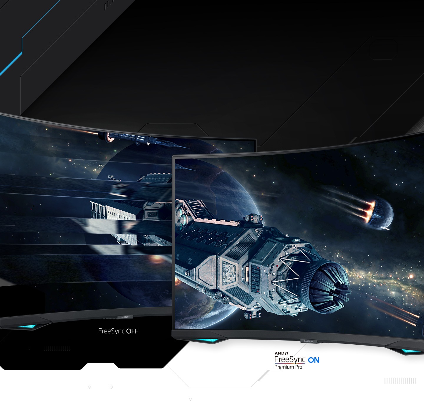 Two monitors are shown side-by-side with starships floating in space on both screens. One screen is shown with AMD FreeSync Premium Pro on and displays a smooth ship movement while the other monitor is shown with FreeSync off and displays a scattered movement with tearing.