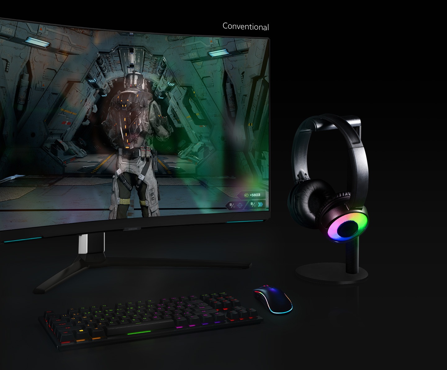 A monitor shows a game scene. The gamer's face is seen reflected to the screen. A dotted line scans across the screen from right to left. &quot"Matte Display&quot" on the left is not seen with reflected the gamer's look, while &quot"Conventional&quot" on the right still shows as his reflected.