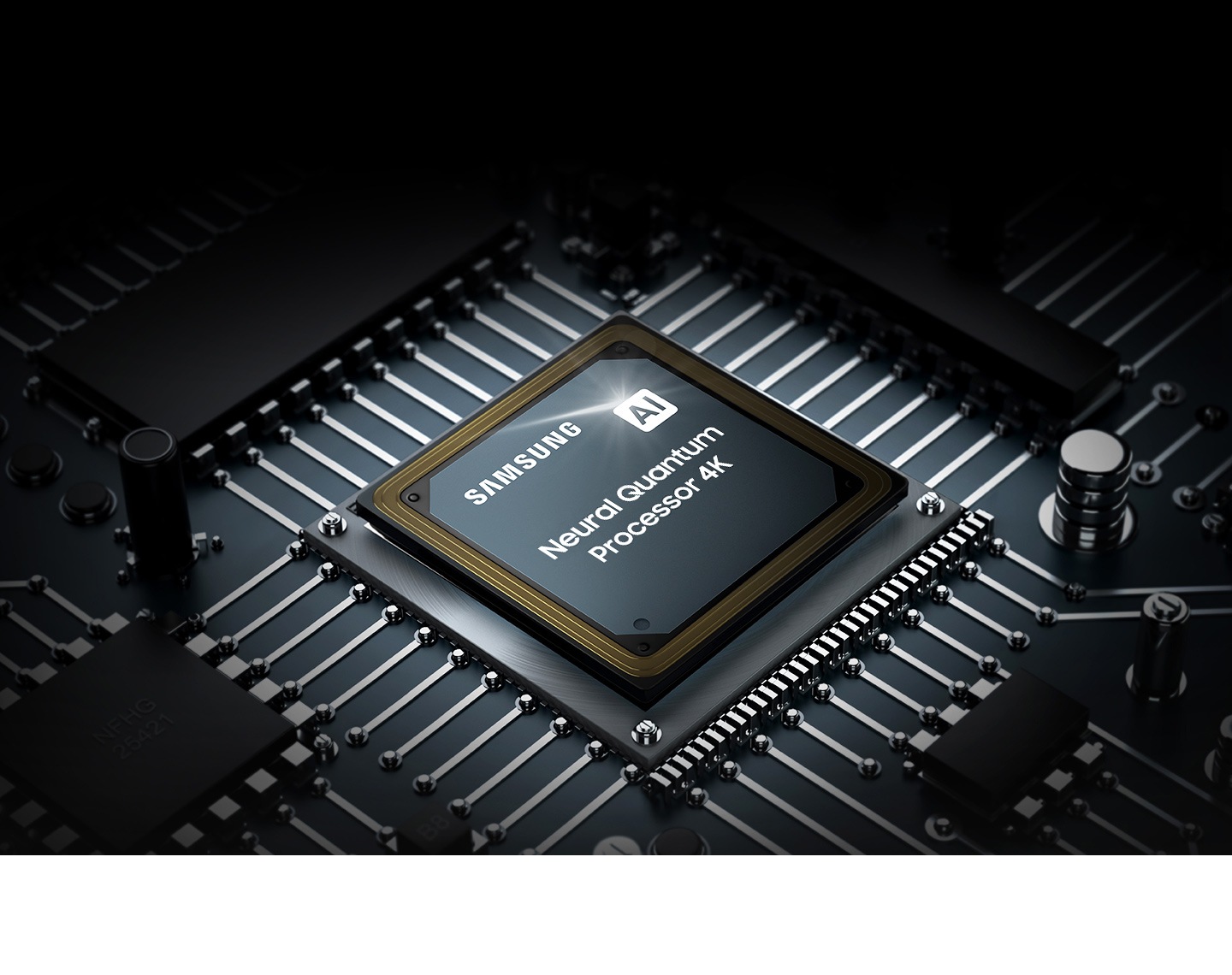 The Neural Quantum Processor 4K is shown installed on The Wall’s motherboard. The processor is surrounded by other components on the board.