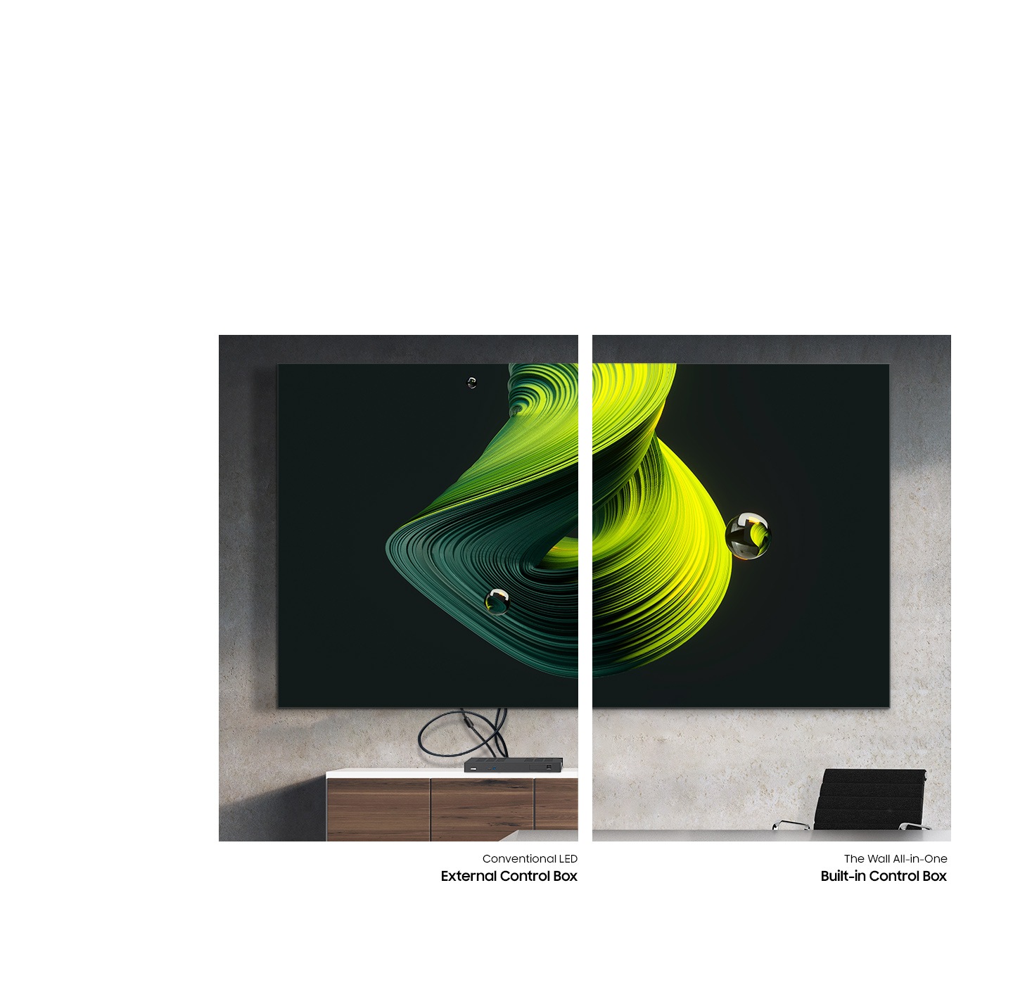 Conventional LED shows an external control box setup using wires hanging down from the display while The Wall All-in-One introduces a simplified setup with built-in control box.