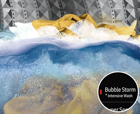 Using the Intensive Wash of the Bubble Storm course, clothes are being washed clean with detergent mixed water.