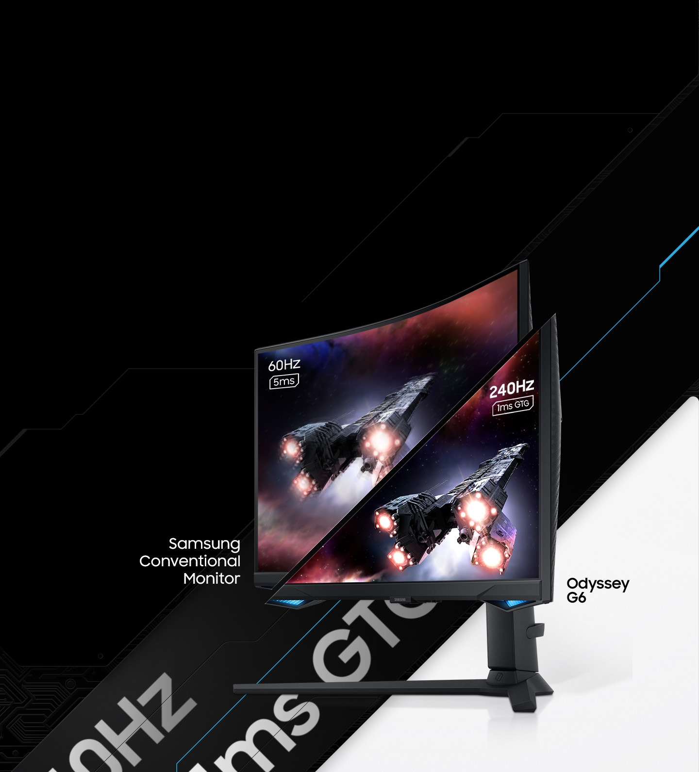 A monitor which is seen from its right side shows two spaceships blasting off into space. The monitor is split in two to show the difference in display quality comparing two different refresh rates and response time, one for conventional monitor with 60Hz and 5ms and the other for Odyssey G6 with 240Hz and 1ms GTG.