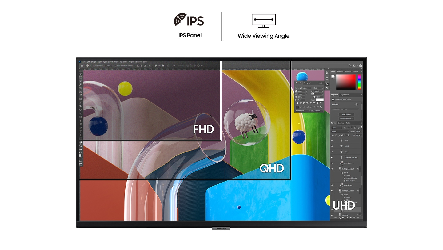 The screen is divided into three overlapping segments, demonstrating the difference between FHD, QHD and UHD resolution. On the right side of the screen is an editing toolbar. Above the screen are two logos for 'IPS Panel' and 'Wide Viewing Angle'.
