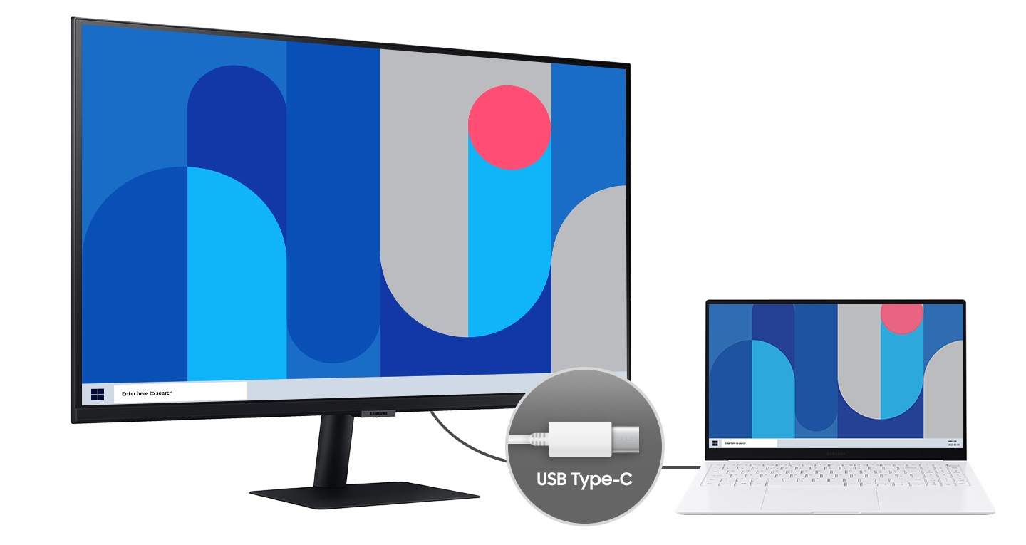 The monitor is connected to a laptop on the right via a cable, each demonstrating USB Type-C connectivity: charging power capability up to 90W, ethernet connectivity, data transfer capabilities, the display signal and screen mirroring capability.