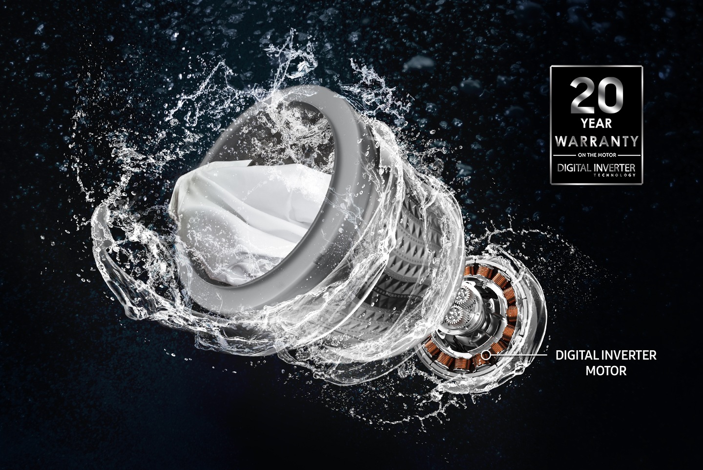 Digital Inverter Motor, drum and water stream spins fast. WA4000B’s warranty is 12 year.