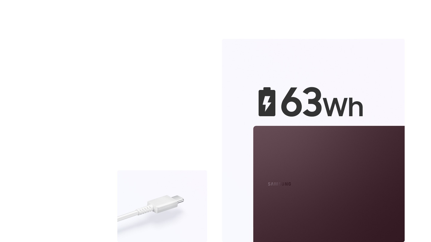 A white USB Type-C cable is on the left and the top cover of a graphite-colored Galaxy Book2 Pro 360 is on the right with the Samsung logo facing the front. Above the PC is a battery charging symbol next to the text 63Wh.