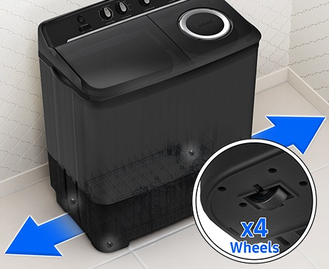 Samsung 8.5 Kg Semi-Automatic Washing Machine (Blue Lid, WT85B4200LL) has four wheels. The arrows suggest that the product can be movable.