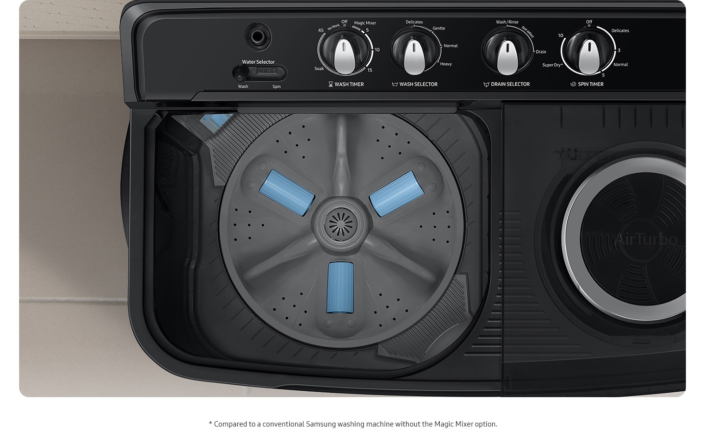 Fill water up until pulsator fin’s dipping level, add detergent and turn the knob to Magic Mixer. Once activated, the Pulsator mixes detergent into water thoroughly.