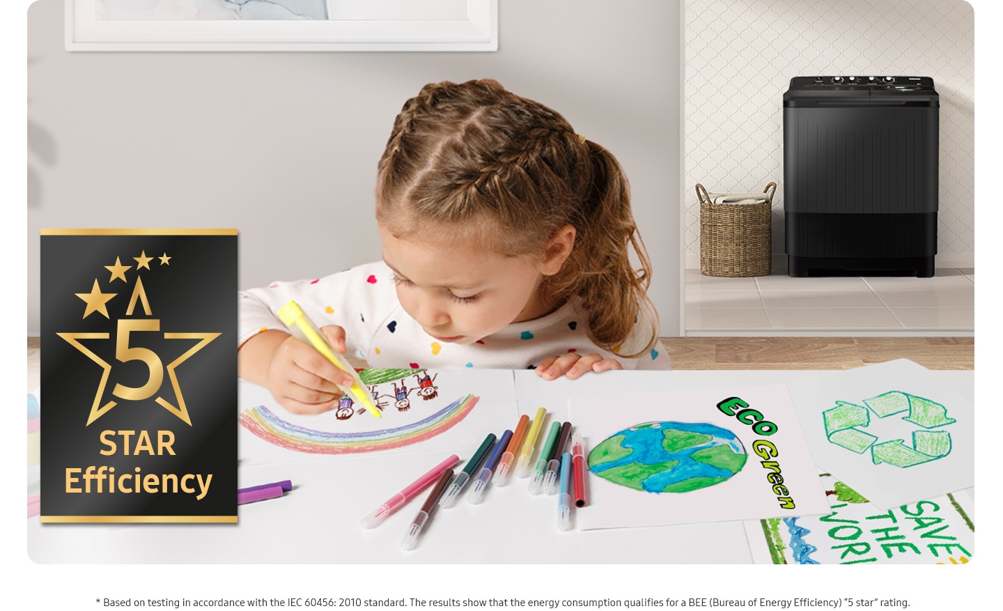 A child is drawing an image related to energy saving, and the WT4000BM product stands behind her. The 5-star efficiency logo is on the side.