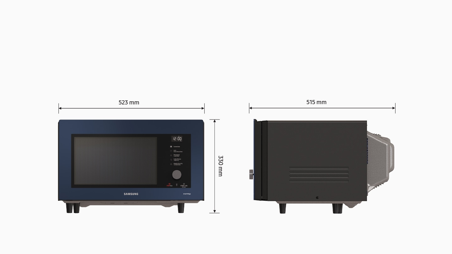 Shows the front and side of the microwave oven to illustrate how to measure its size. Its dimensions are: height = 330mm, width = 523mm, depth = 515mm.