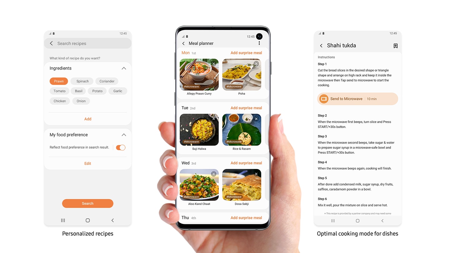 Shows a person holding a smartphone with the SmartThings Cooking app, which is showing a weekly meal planner with recipes suggested for each day. Two other screens from the SmartThings Cooking app show how you can search for recipes and view detailed cooking instructions for each recipe.