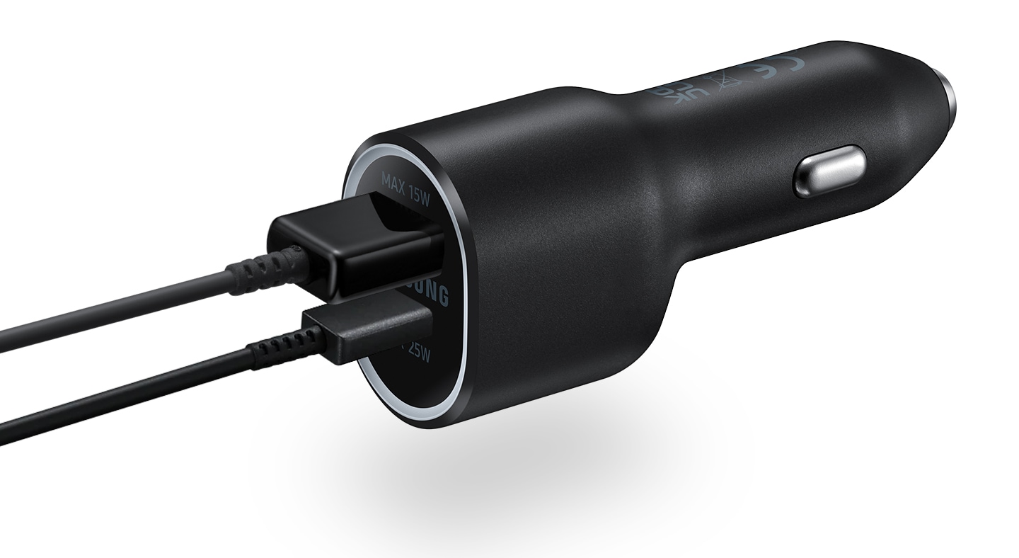 Two cables are plugged into a black 40W Car Charger Duo. The top is a USB 3.2 Type-A, and bottom is a USB Type-C.