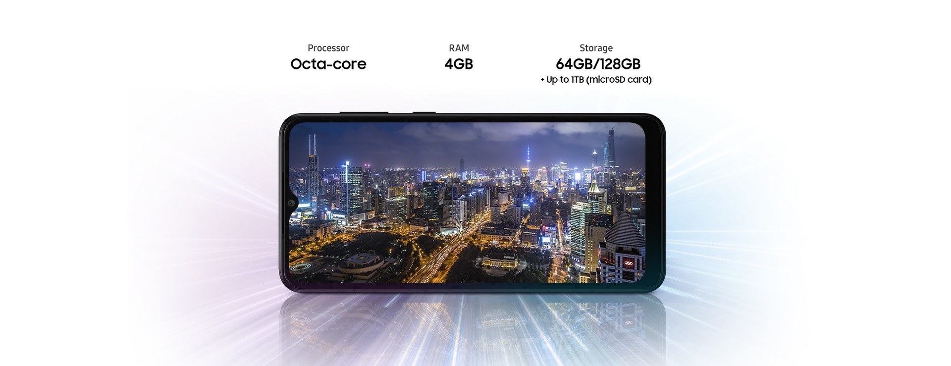 Galaxy A04s shows night city view, indicating device offers Octa-core processor, 3GB/4GB RAM, 32GB/64GB/128GB with up to 1TB-storage.