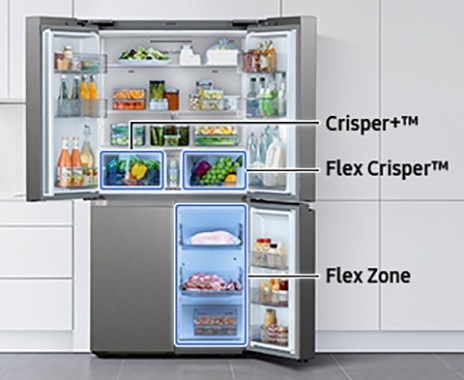 The refrigerator’s three doors are open to display the different compartments of the fridge. The Crisper+ drawer is in the upper left, while Flex Crisper is in the upper right of the fridge. On the bottom right of the fridge is the Cool Select+.