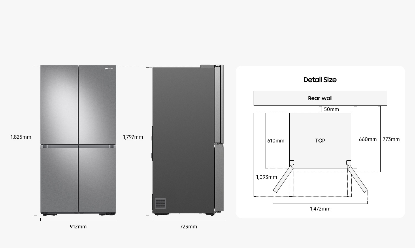 Size measurements: Height 1,825mm, width 912mm, height without hinge 1,797mm, depth 723mm, depth with doors open at a right angle 1,093mm, depth without doors 610mm, install depth 773mm, install depth without doors 660mm, width with doors open 1,472mm, distance from the rear wall 50mm.