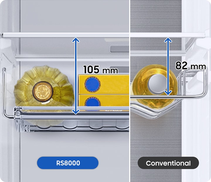 Compared to the 82mm high conventional model, RS8000CCH’s 105mm Wine Shelf allows storing larger bottles and food.