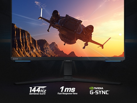 On the monitor display which is front facing, an aircraft is flying toward the sunset. Underneath the stand of the monitor is a logo demonstrating 144Hz refresh rate, 1ms response time and G-Sync.